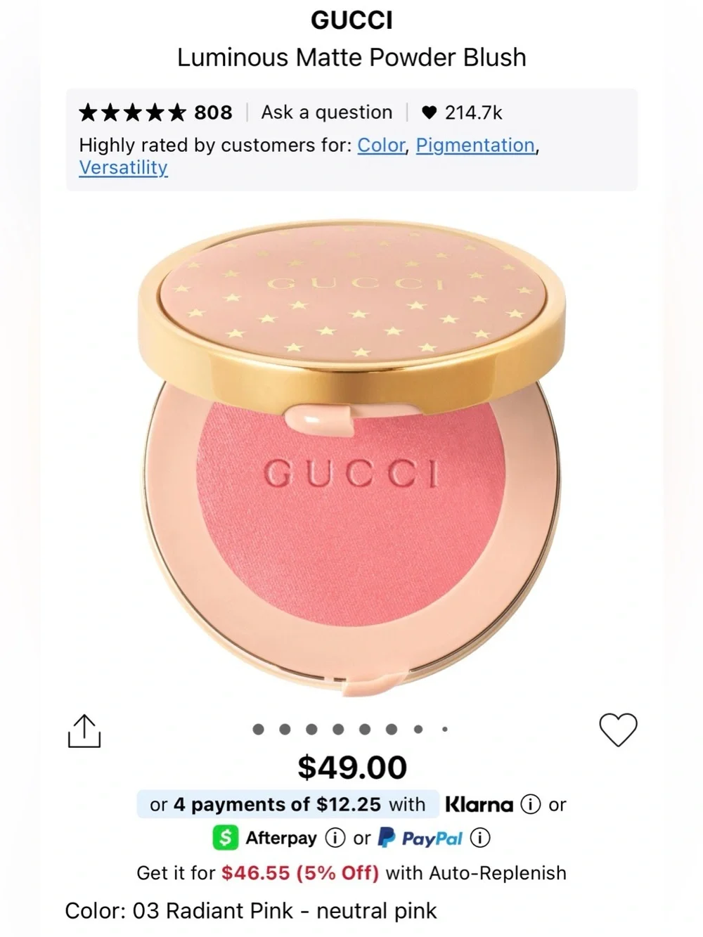 Gucci Luminous Matte Powder Blush - Shade 03 Radiant Pink